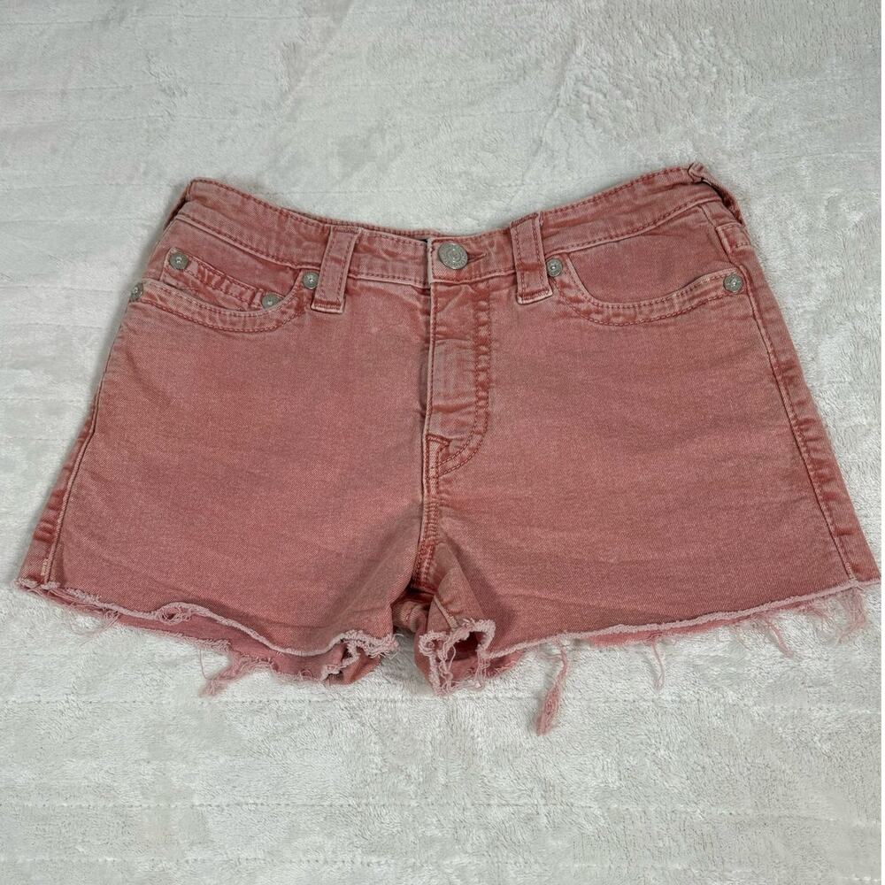 True Religion Maisie High Rise Denim Shorts Pink Frayed Hem Women’s Size 27 USED